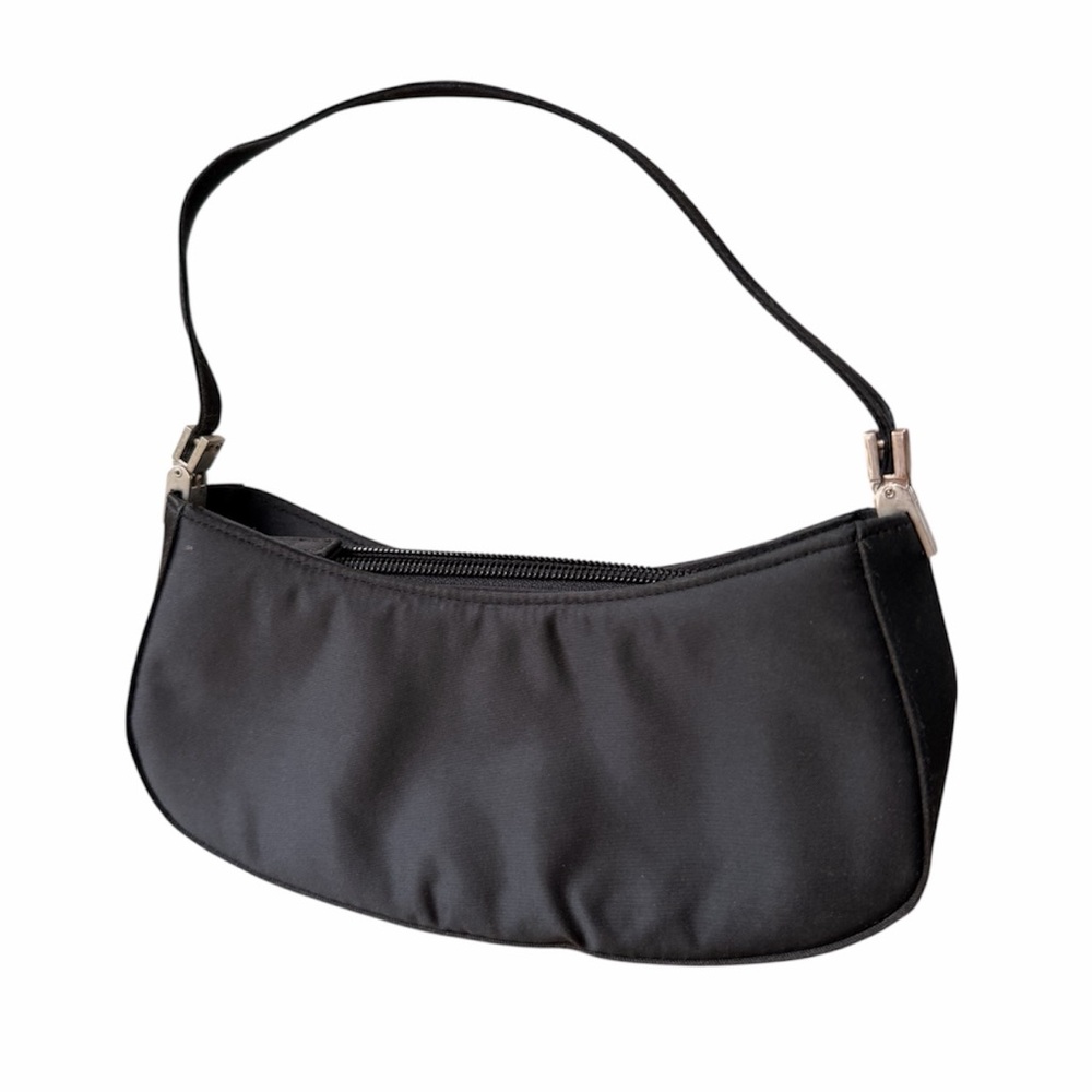 Y2K Black Mini Shoulder Bag Nylon Baguette Purse 90s 2000s Small Handbag